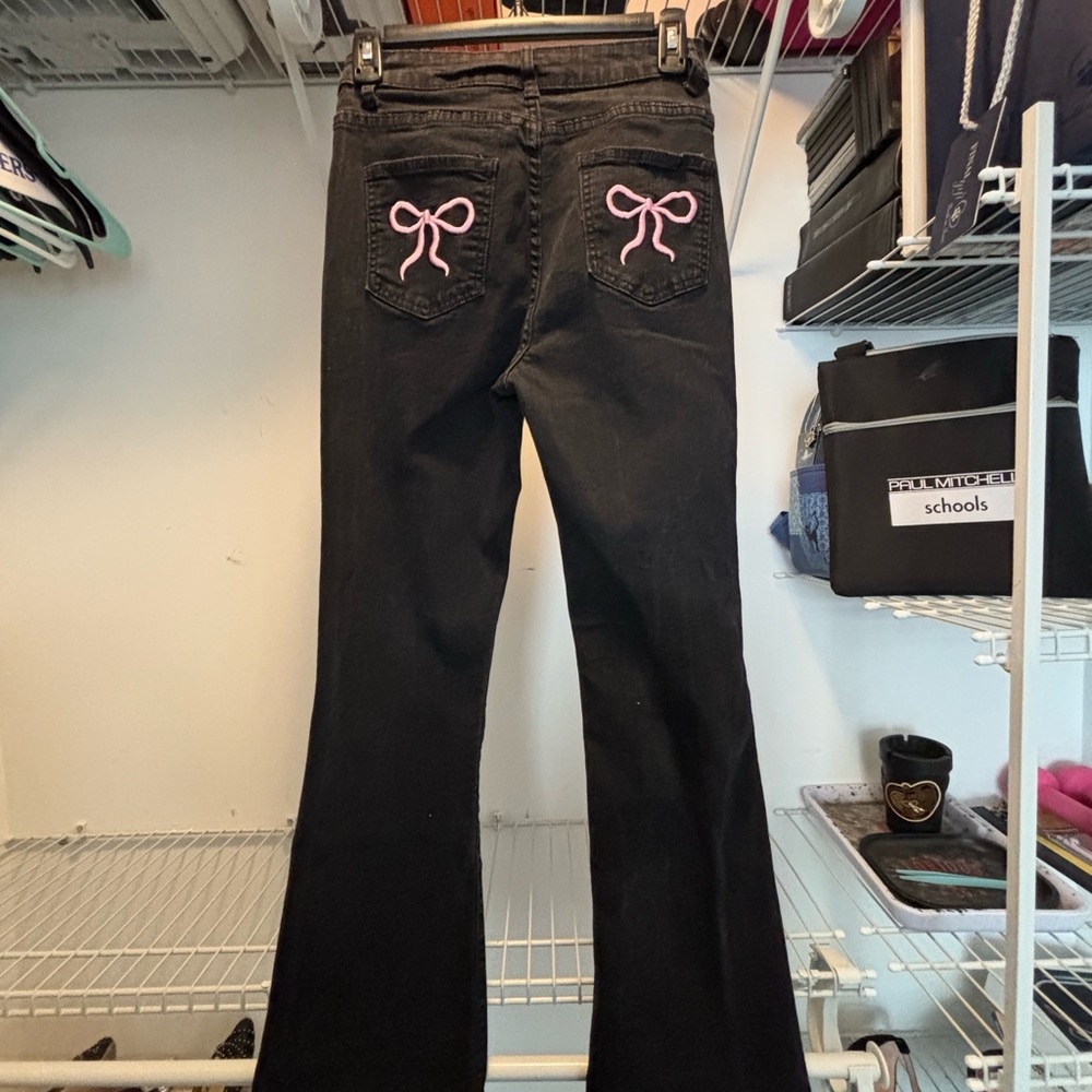 SHEIN Black Flare Jeans with Pink Bow Details